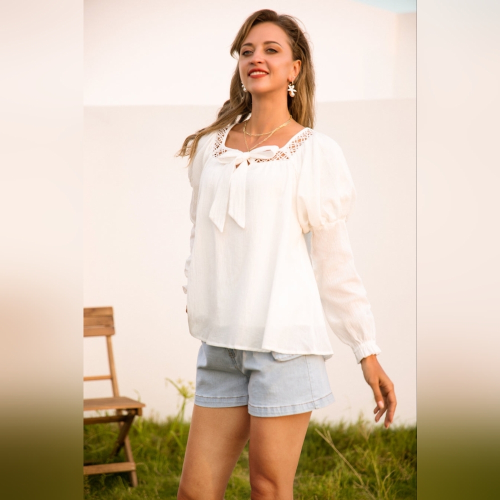 NWT - Frieeah Cotton White Pullover Top - Lined - Size L